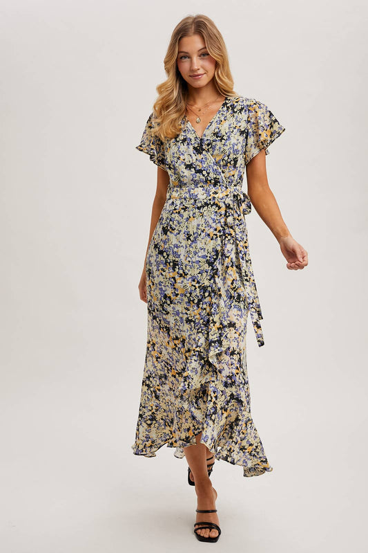 FLORAL PRINT WRAP RUFFLED MIDI DRESS: BLUE D02356