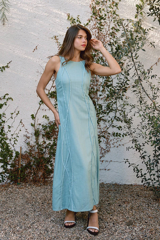 Wavy Trimmed Long Dress - RD1089: CHAMBRAY BLUE