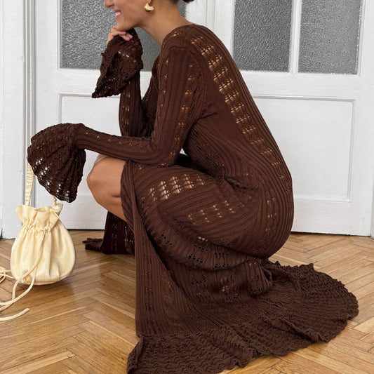 Y2K Hollow Bell Sleeves Crochet Maxi Cardigan: Coffee / RCJW03442-Coffee