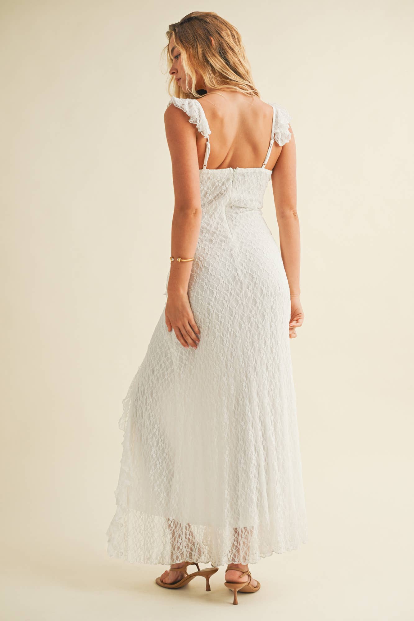 RUFFLE LACE STRAP FRONT SLIT DRESS: Black / S24964