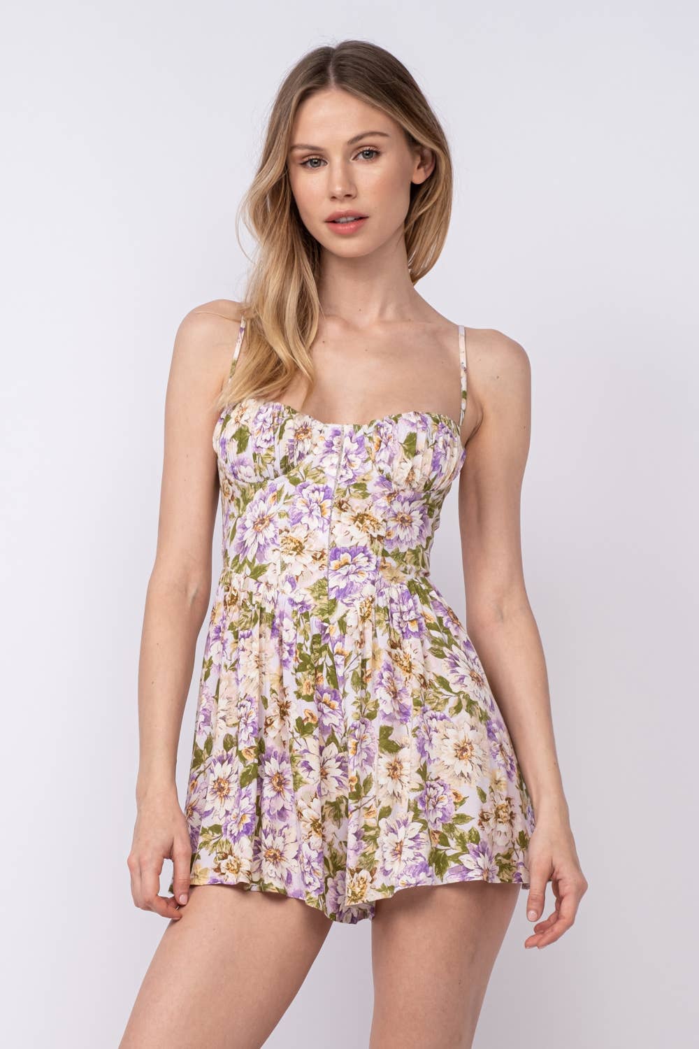 FLORAL SLEEVELESS CORSET SHAPE MINI ROMPER: Fancy Daily Blue / SM-D20361A