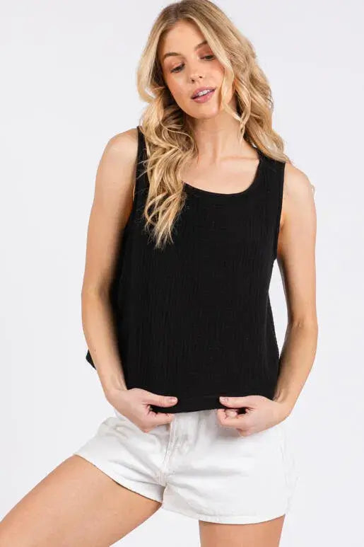 Cotton Gauze Round Neck Sleeveless Top - NT31273A: Black