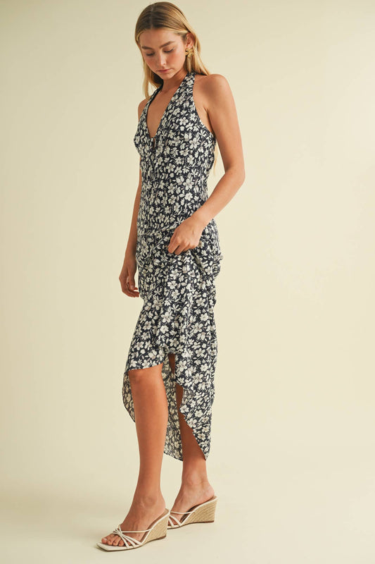 PRINTED HALTER NECK TIE DRESS: GRAPHITE / S25342UGK