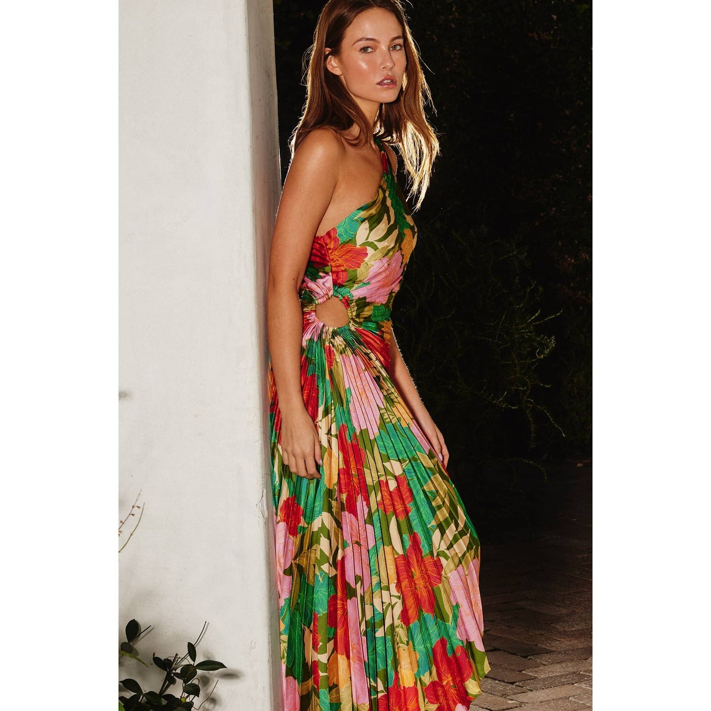 Moonstruck Asymmetrical Pleated Maxi Dress: IBIZA GARDEN / FD10589-P1312