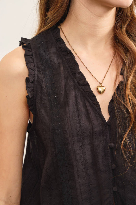 RUFFLED V NECK BUTTON CLOSURE TOP: Black / S24759