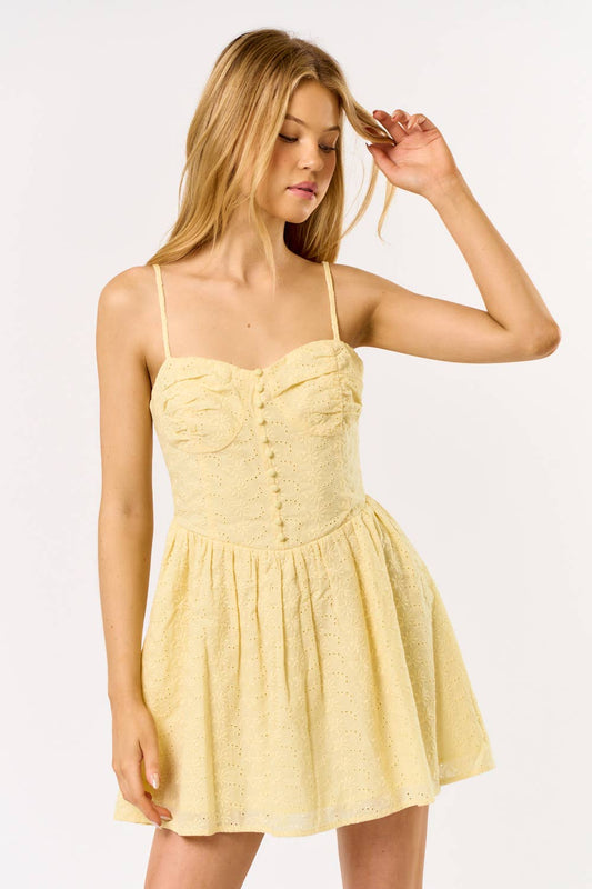 IBD33746 COTTON EYELET SWEETHEART MINI DRESS: Yellow