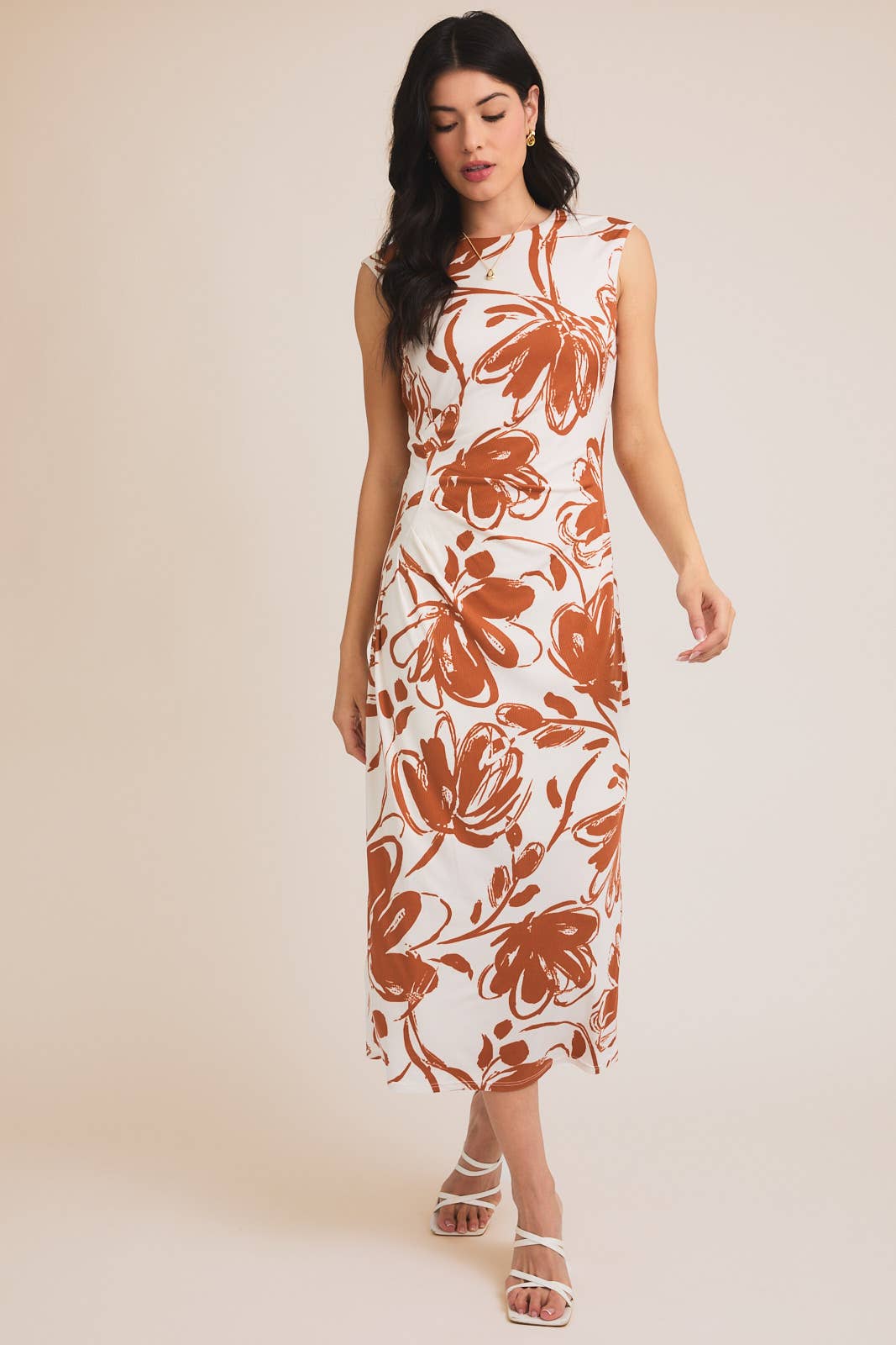 ROUND NECK SLEEVELESS CUT OUT FLORAL PRINT DRESS: TERRACOTTA FLORAL / D19893