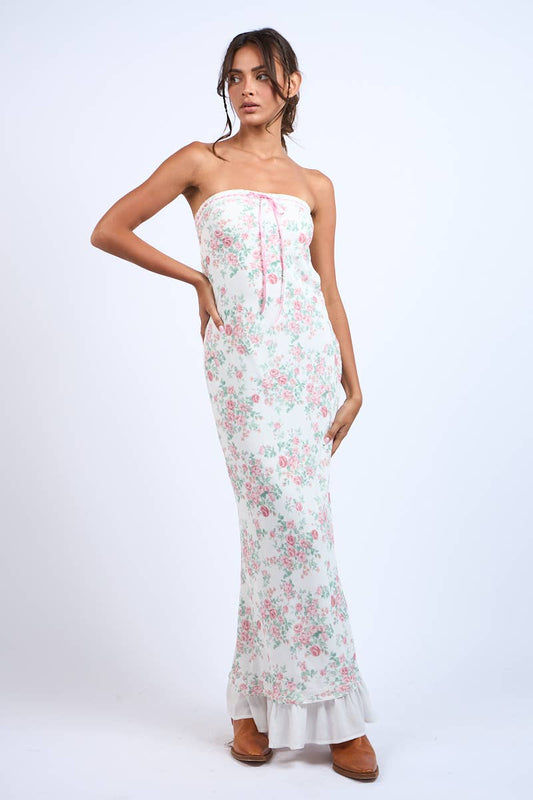 PINK FLORAL POINT RUFFLE BODYCON TUBE MAXI DRESS: Lovely Florals SM-D20749E