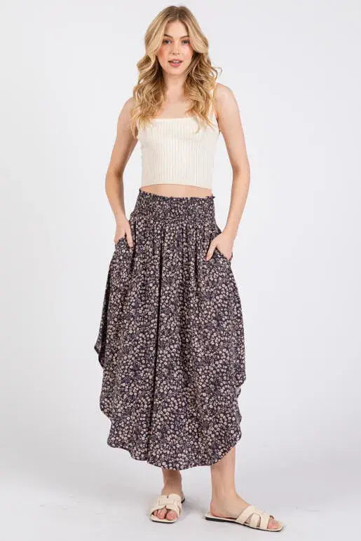 Print Waist Smocked Skirts - VNS16762H8: Night Purple