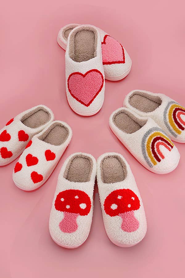 SOFT PLUSH MUSHROOM HEART RAINBOW WARM SLIPPERS | 40SP014: Rainbow / Large