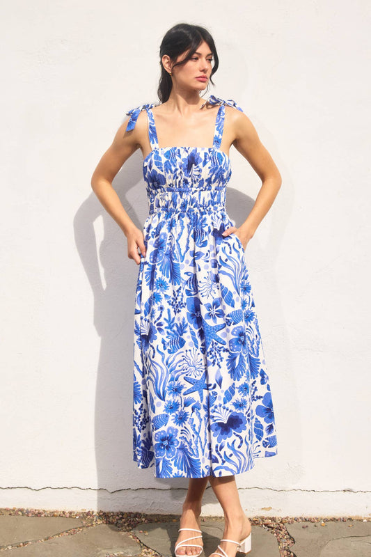 Under The Sea Shirred Fit And Flare Midi Dress: VISTA BLUE / FD11402-P1874