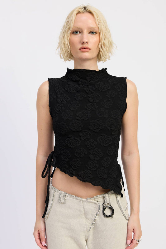 MOCK NECK SLEEVELESS TOP WITH SIDE TIE: BLACK / IPG3229T
