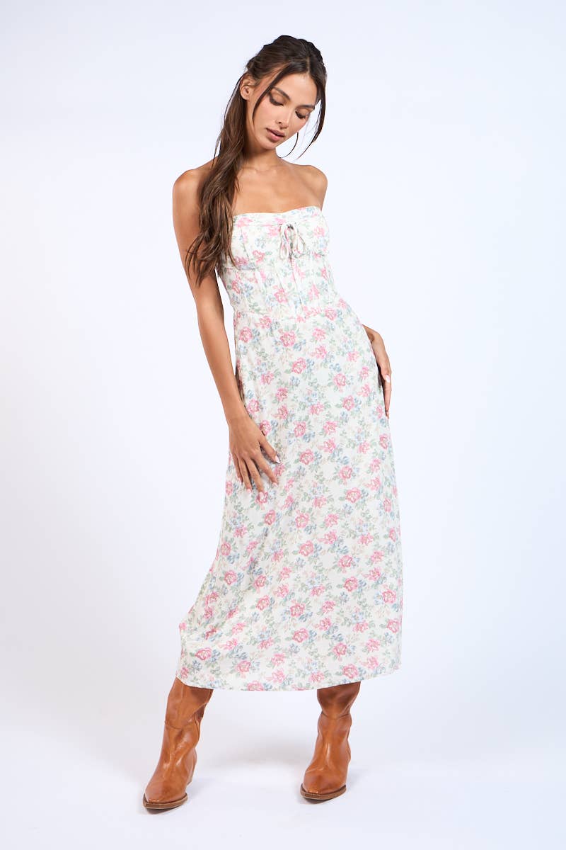 FLORAL STRAPLESS WAIST CUT OUT CORSET LONG DRESS: B/R Combo Floral / SM-D20430K