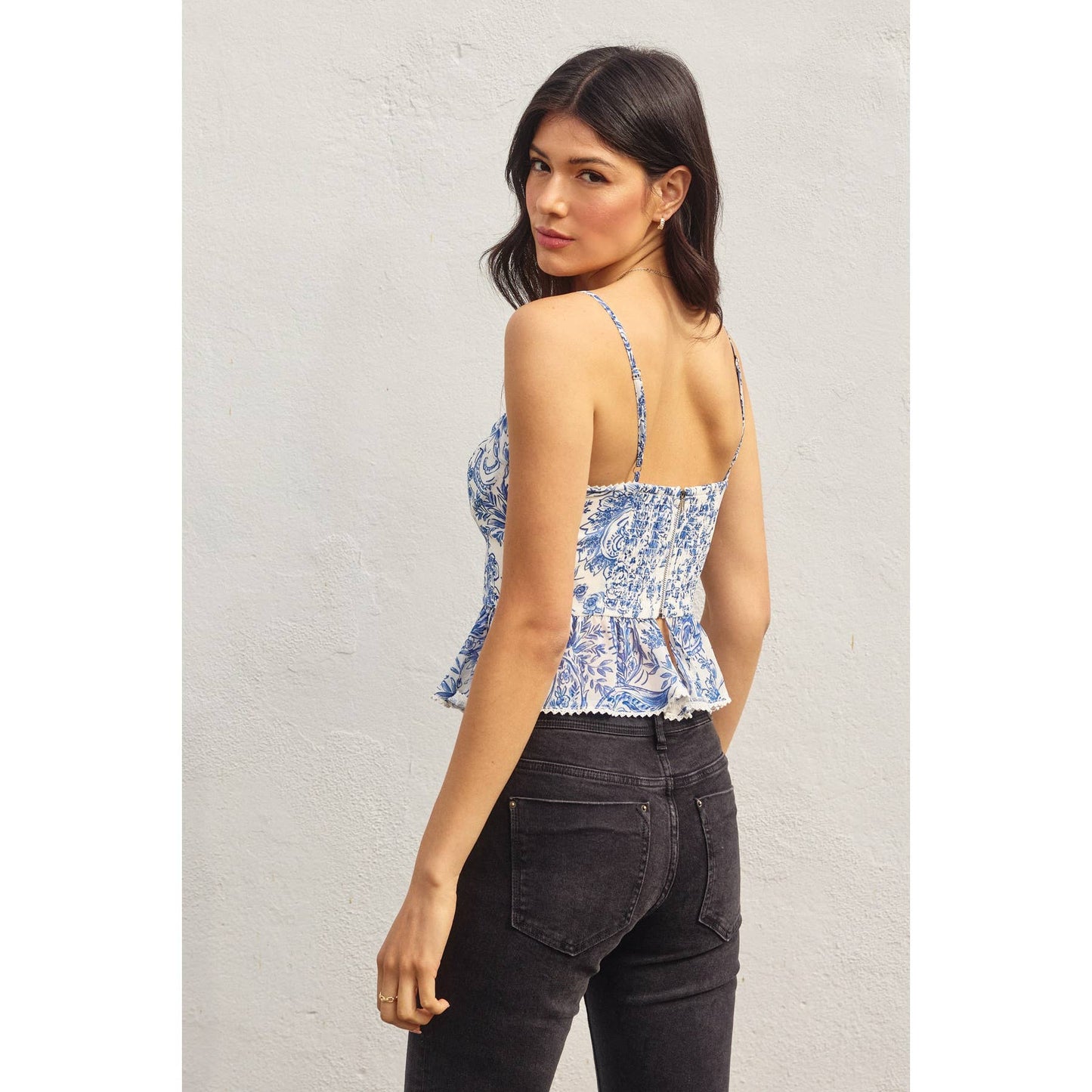 Porcelain Paisley Flared Cami Top: RIVIERA / FT12175-P1729