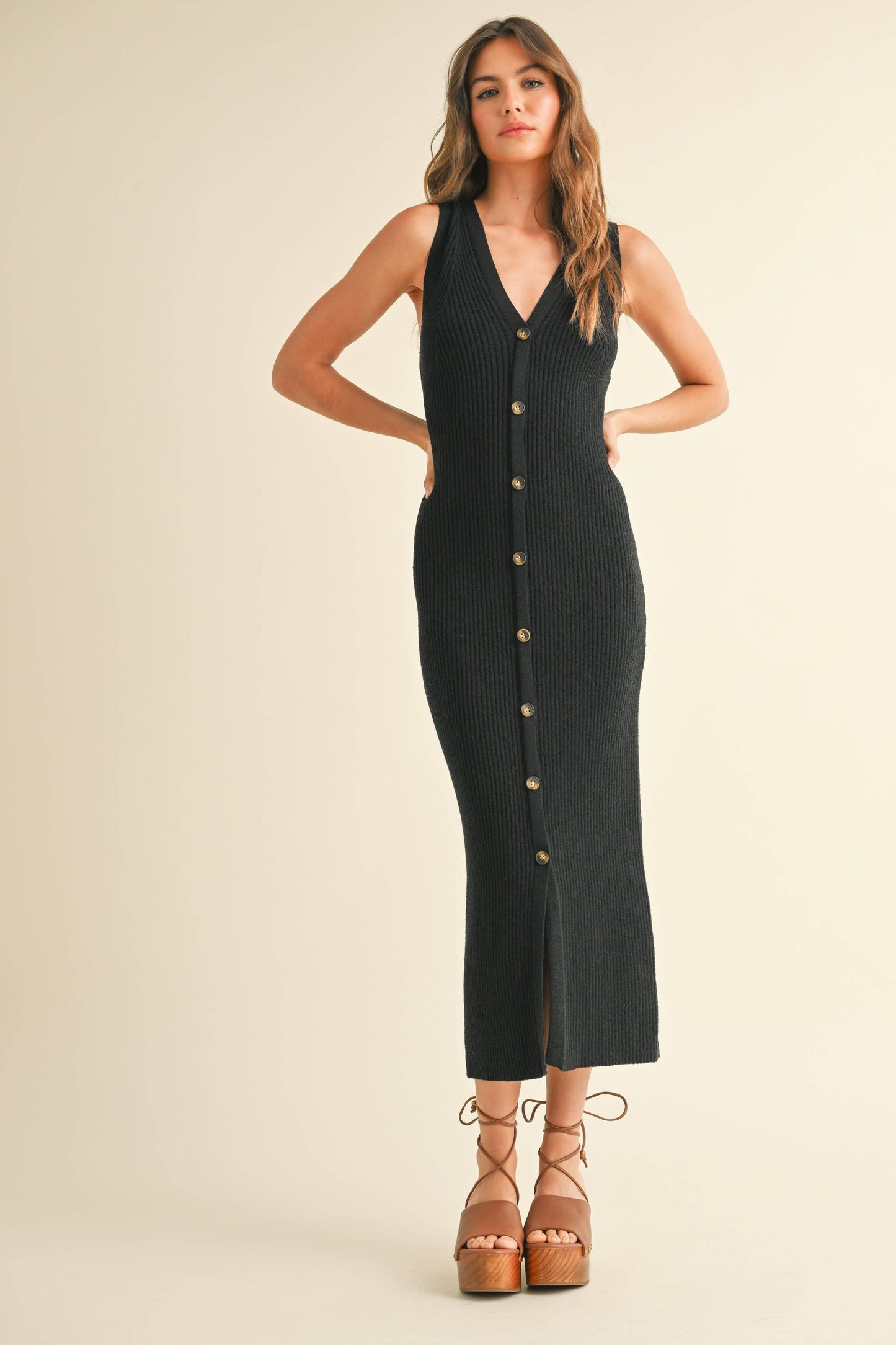 D4238   BUTTONDOWN RIBBED KNITTED LONG DRESS: White