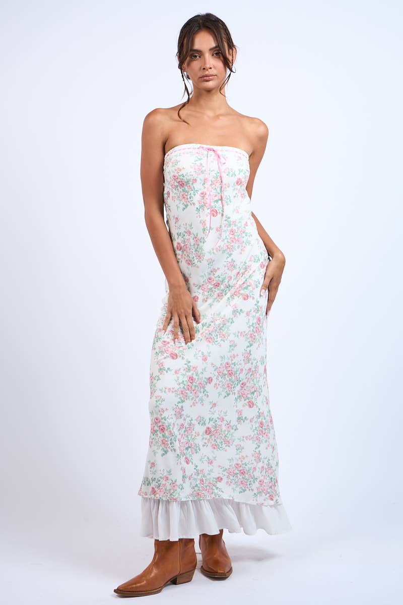 PINK FLORAL POINT RUFFLE BODYCON TUBE MAXI DRESS: Lovely Florals SM-D20749E