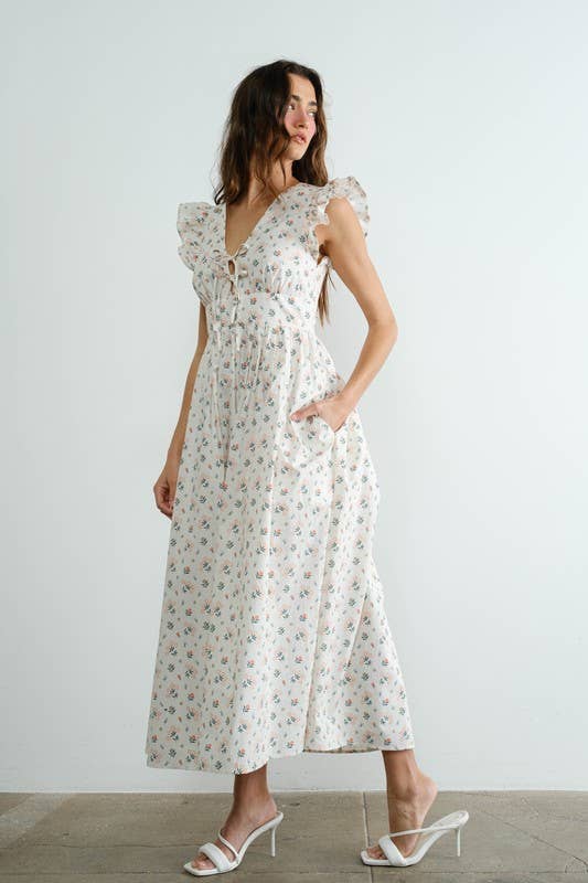 Floral Tie Front Ruffle Fluted Sleeve Maxi Dress
: Cream SD2260RESTOCK
