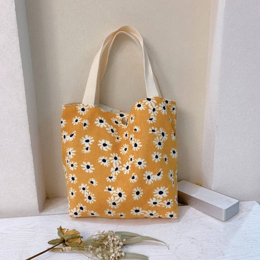 Vintage Artistic Floral Corduroy Small Tote: YELLOW