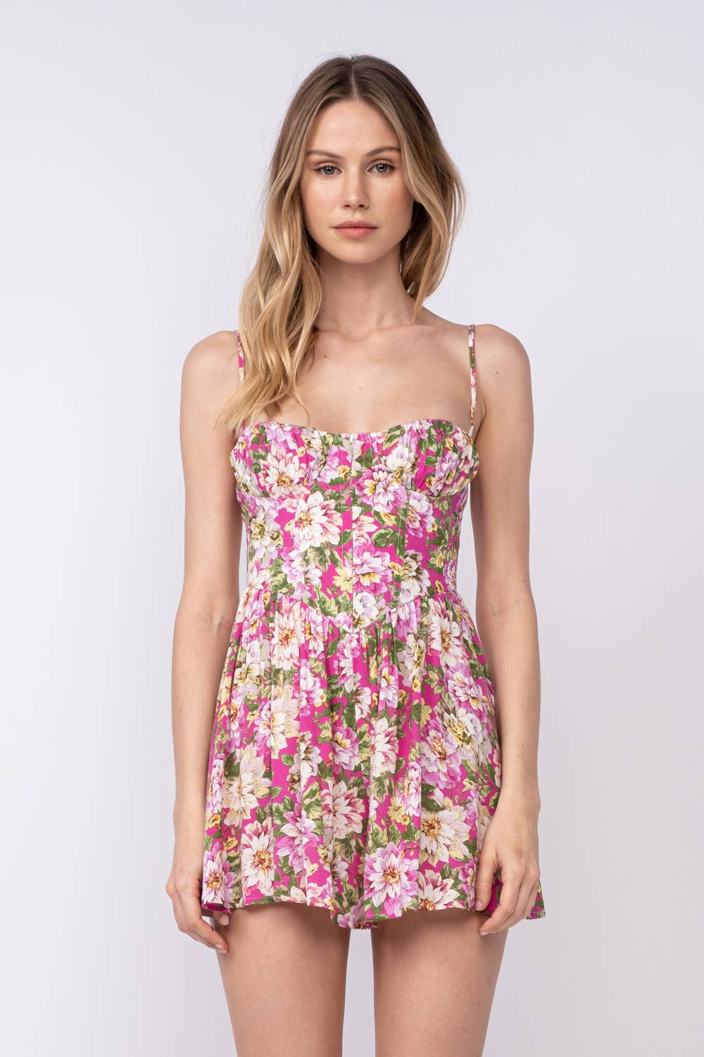 FLORAL SLEEVELESS CORSET SHAPE MINI ROMPER: Fancy Daily Blue / SM-D20361A