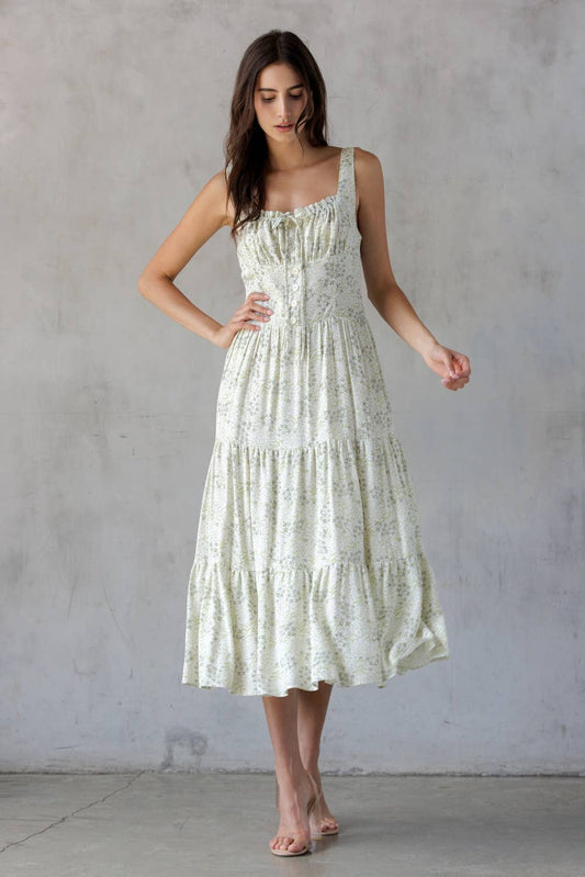 SDJD6374-1-SLEEVELESS FLORAL PRINT MIDI DRESS: IVORY/GREEN