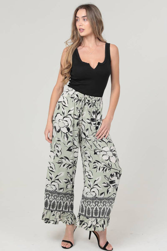 B3717-A933 PRINTED WIDE LEG PANTS: SAGE