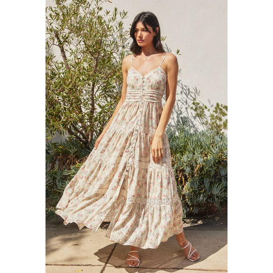 Whisper Lace Trim Tiered Maxi Dress: SPRING DITSY / FD10559-CP429