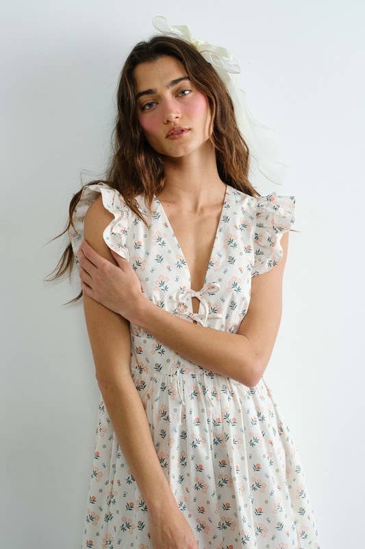 Floral Tie Front Ruffle Fluted Sleeve Maxi Dress
: Cream SD2260RESTOCK