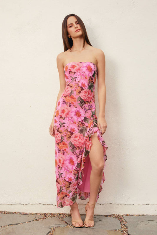 Garden Party Strapless Ruffled Slit Maxi Dress: ROSE LAVENDER / FD12726-P2091