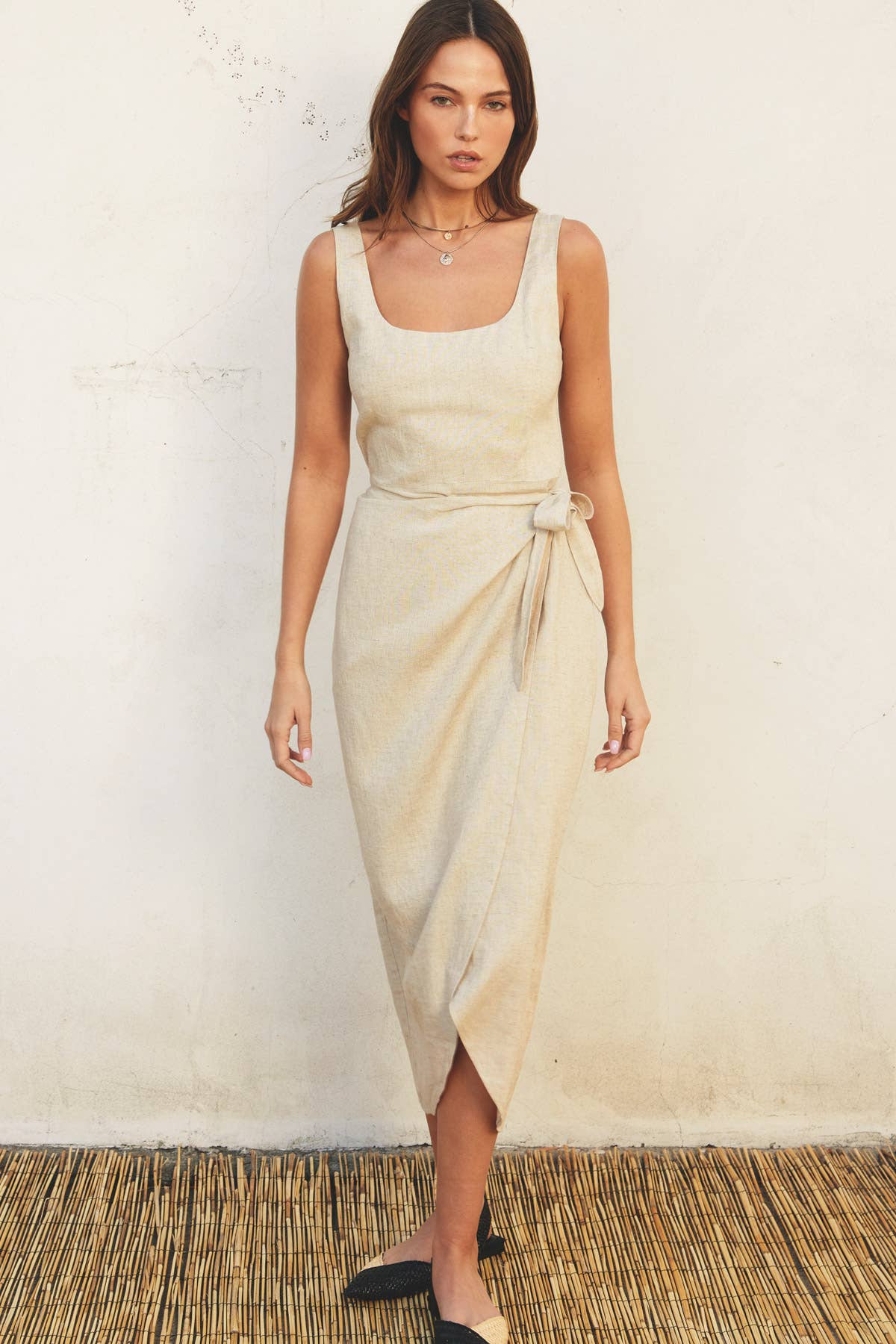 cream midi wrap dress GRACE minimalist sleeveless linen wrap dress - cream beige