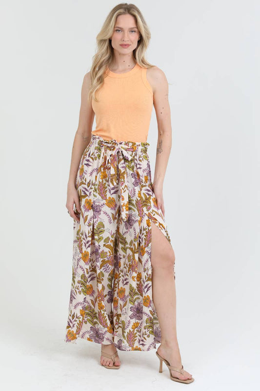 25P63-FQ19 PRINTED WIDE LEG SLIT FRONT PANTS