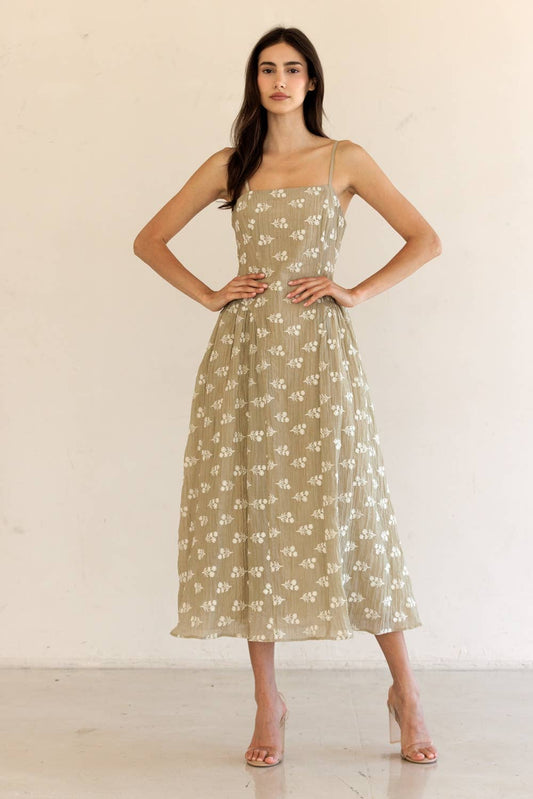 JD7742-FLORAL EMBROIDERED MIDI DRESS: TAUPE/IVORY