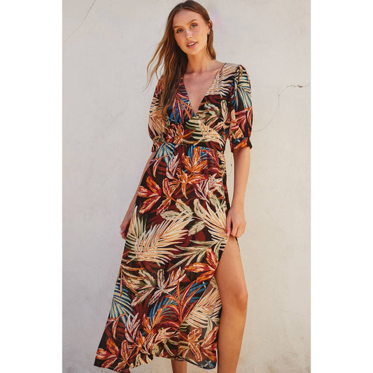 Sunset Beach Surplice Slit Maxi Dress: VINTAGE PALMS / FD11629-P828_2