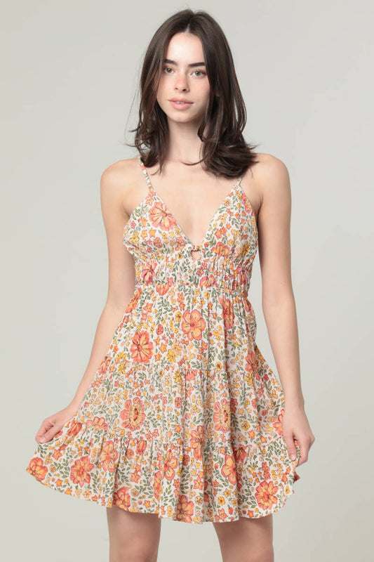 F4H12-WA34 PRINTED V NECK OPEN TIE BACK SUNDRESS