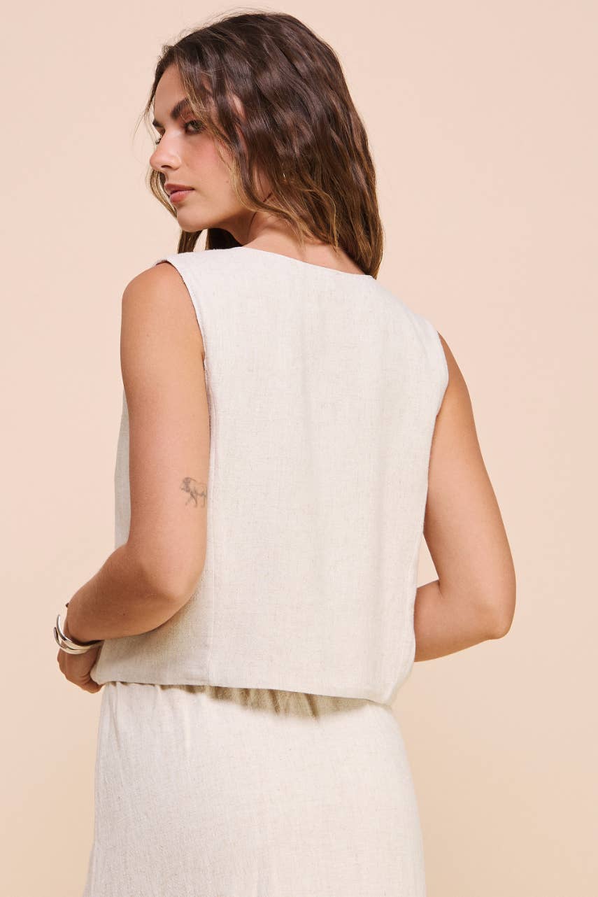 ISB1349 Linen Tie Vest Oatmeal: White