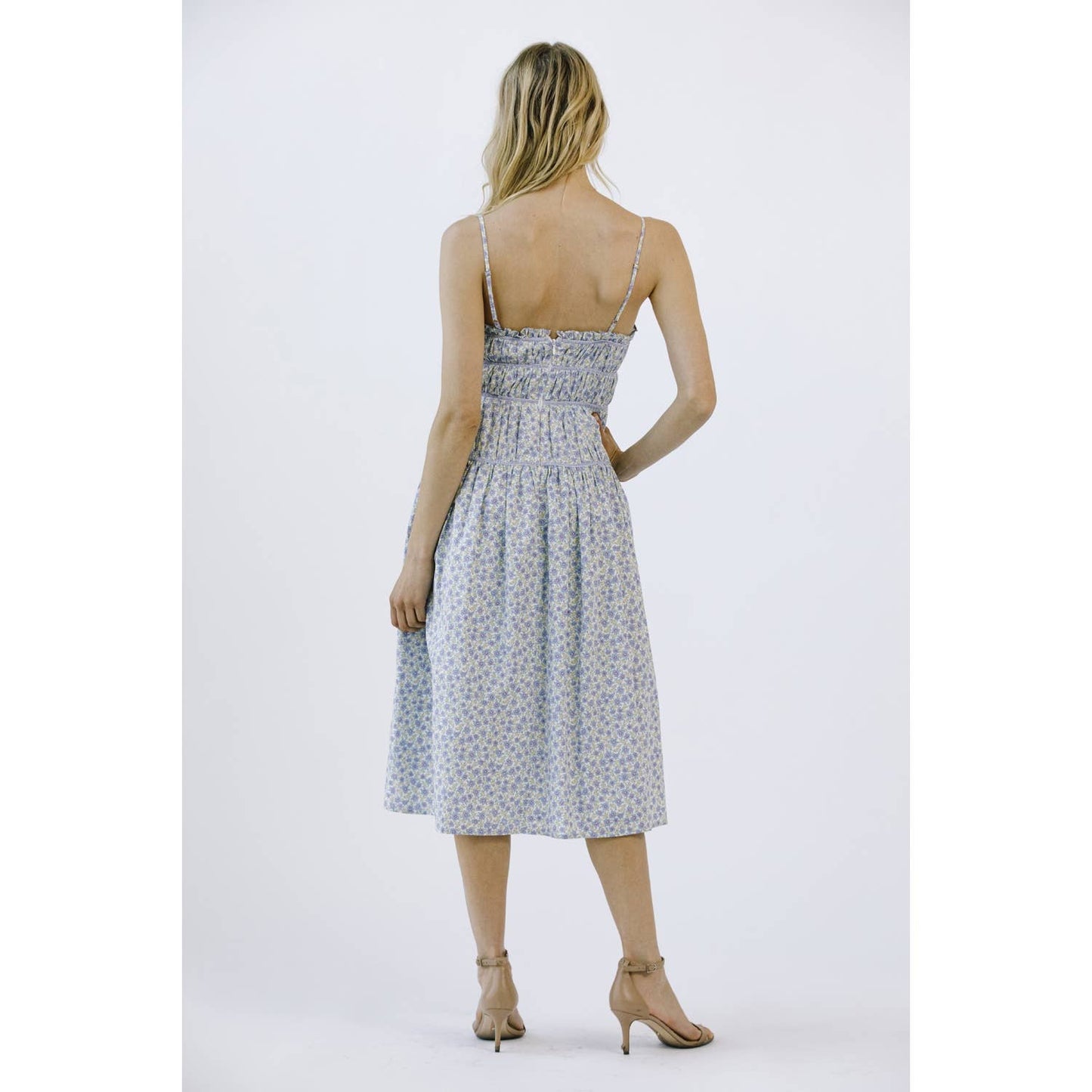 JD4560-1- FLORAL PRINT AND CONTRAST LINING MIDI DRESS: BLUE FLORAL