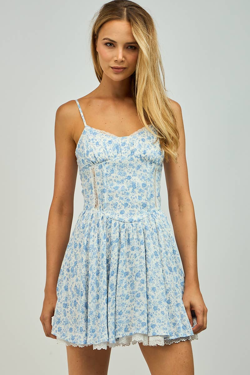 FLORAL SEE-THROUGH LACE TRIM DETAIL MINI DRESS: BL Taffy Floral / SM-D20634E