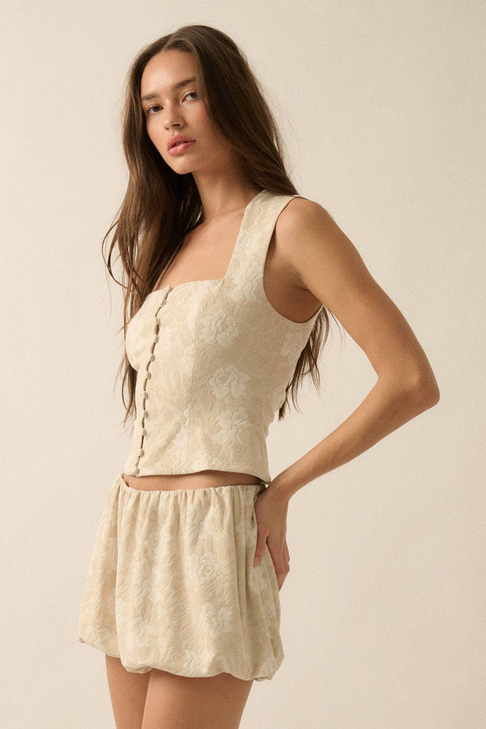 Floral Jacquard Tapestry Button-Front Corset Top: OATMEAL / UTC0545