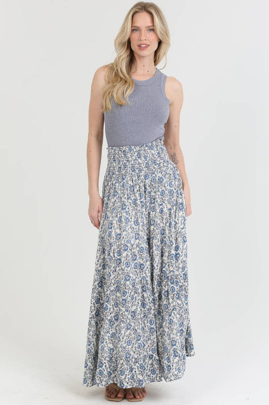 26P57-FR44 TIERED A LINE MAXI SKIRT WITH SMOCKED WAIST