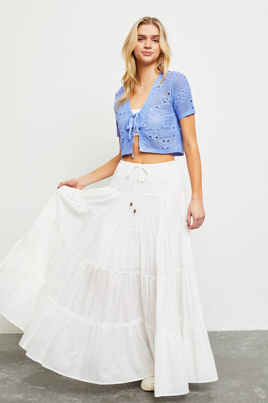 DRAWSTRING DETAIL TIERED MAXI SKIRT: OFF WHITE / S22856