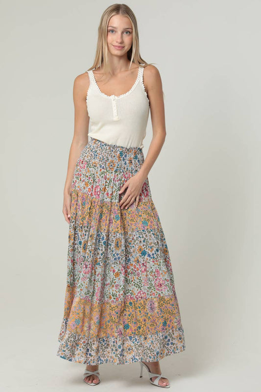 26P57-WA34 MIXED PRINT TIERED MAXI SKIRT