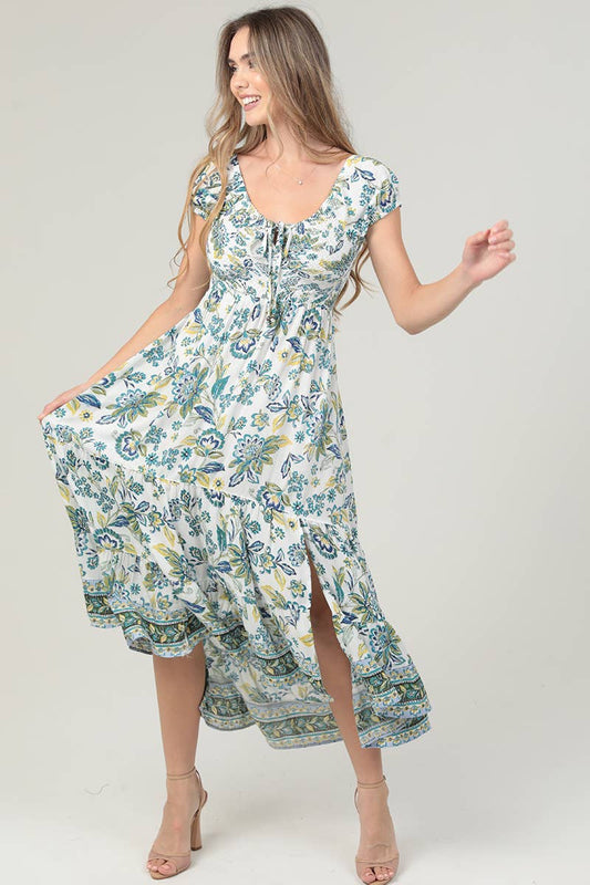 F4K79-FR32 SMOCKED BODICE CRISS CROSS BACK MAXI DRESS W SLIT