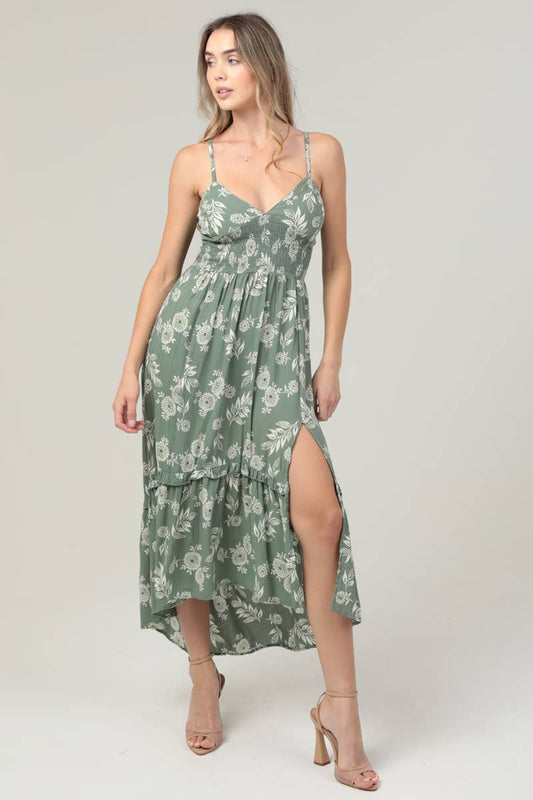 C4729-W801 V NECK LACE UP BACK SIDE SLIT MAXI DRESS