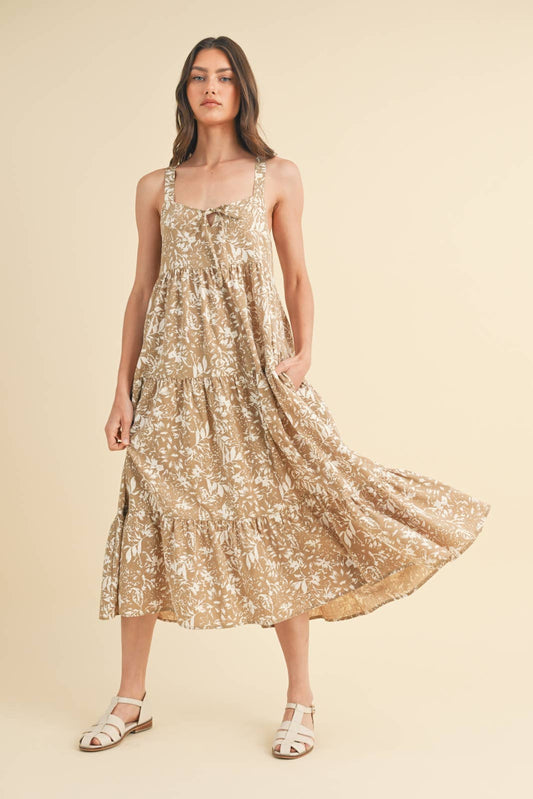 FLORAL TIERED MIDI DRESS WITH SELF FRONT TIE / WL24-9472: CAMEL