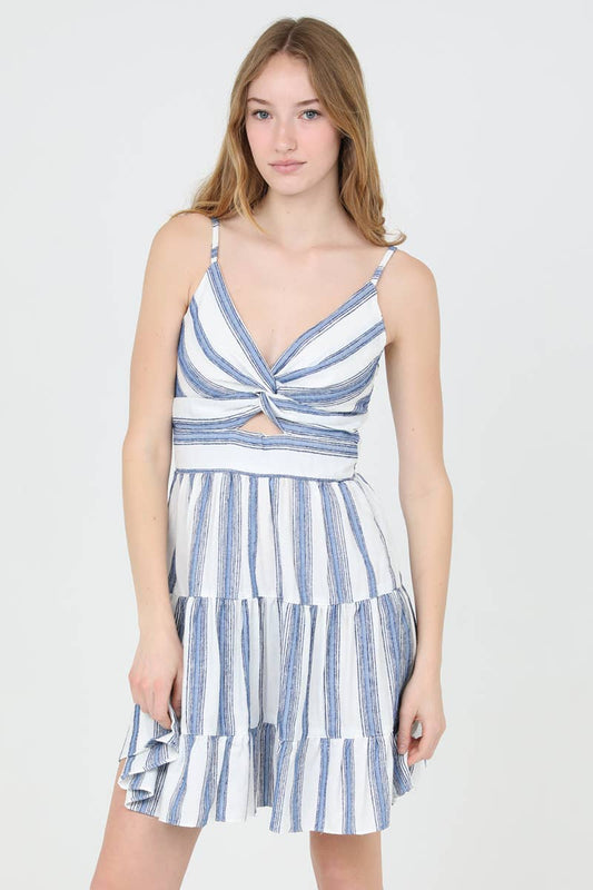 C4143-PAN51 STRIPED V NECK TWIST FRONT CUT OUT SUNDRESS