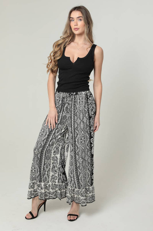 B3717-A938 PRINTED WIDE LEG PANTS ELASTIC DRAWSTRING WAIS
