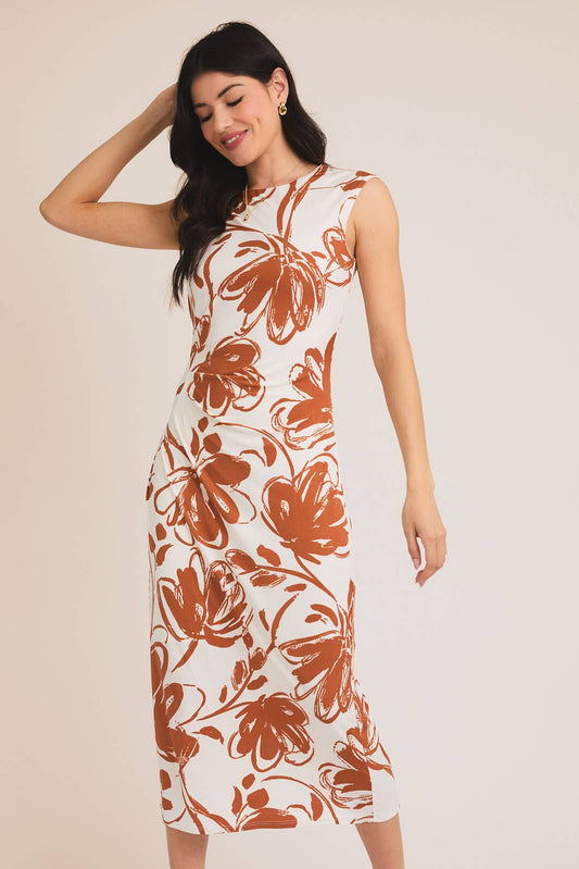ROUND NECK SLEEVELESS CUT OUT FLORAL PRINT DRESS: TERRACOTTA FLORAL / D19893
