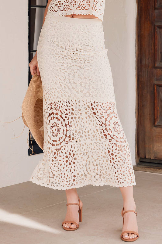 CROCHET MIDI SKIRT WITH LINING: NATURAL / B02609