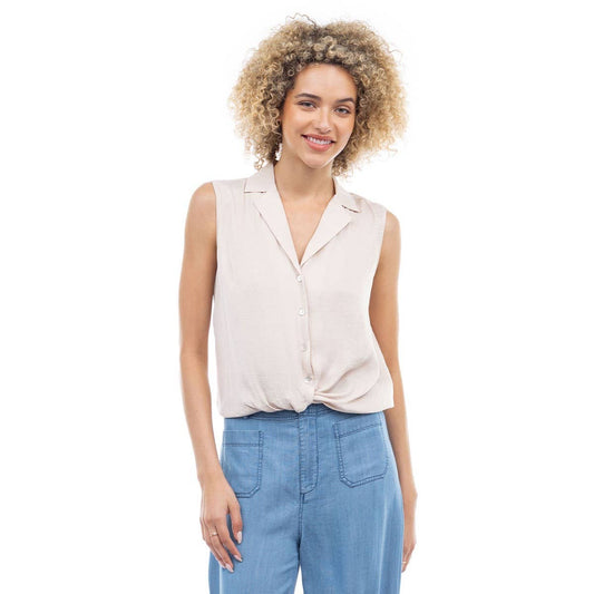 Knotted Sleeveless Collared Top: Papyrus / ET119375A-F