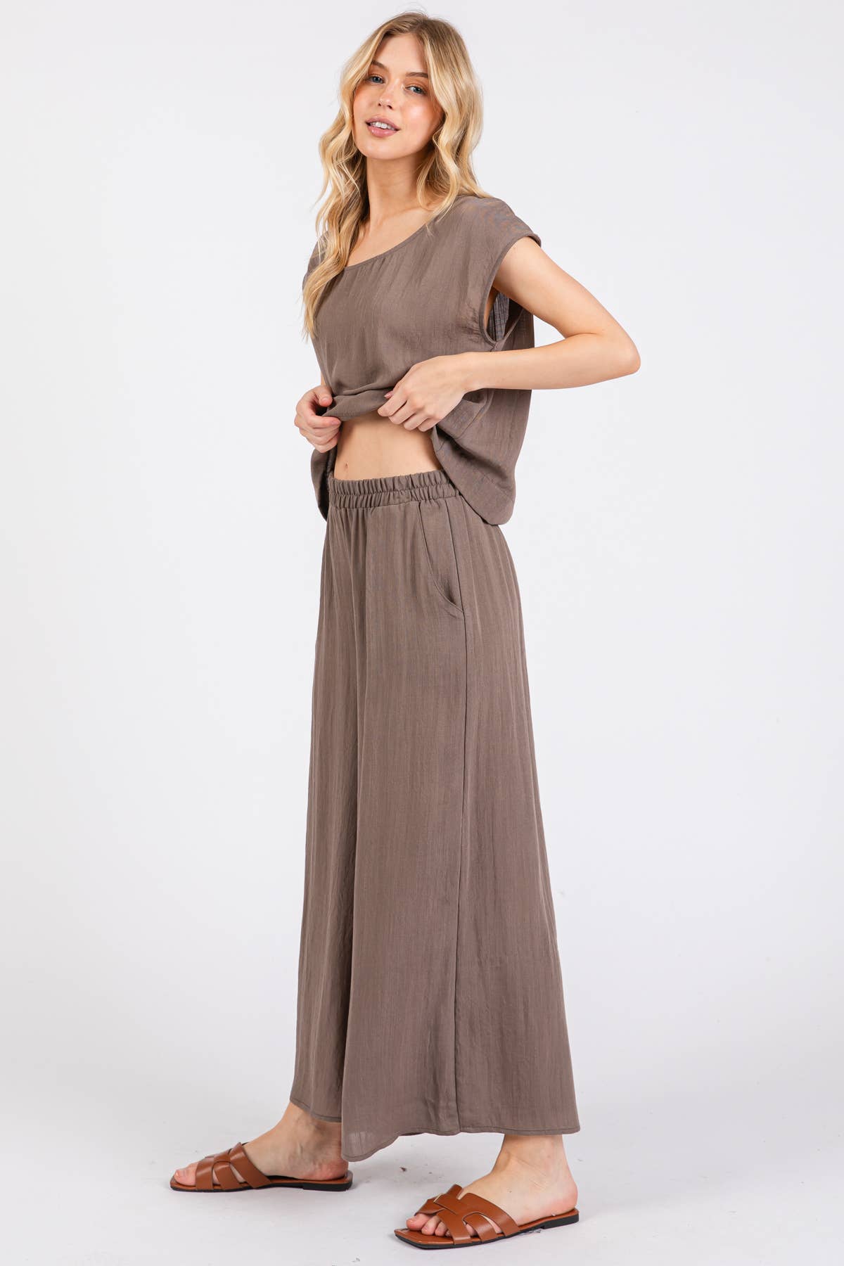 Woven Wide Leg Pull on Pants - NP16207F9: Olive