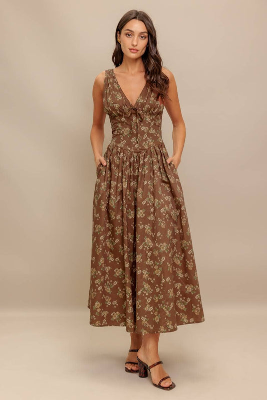 A printed woven midi dress - ID22976: Brown